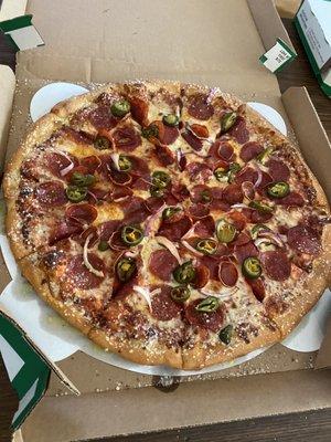 Build Your Own Original Crust Pizza with Old World Pepperoni & reg Pepperoni, Jalapeños, Red Onions, and Garlic and Parmesan Crust Toppers