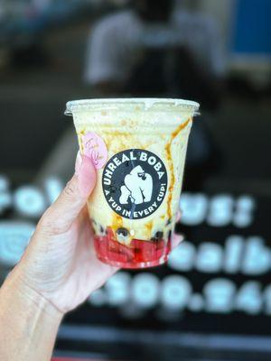 Strawberry Milk Tea with brown sugar boba add-on