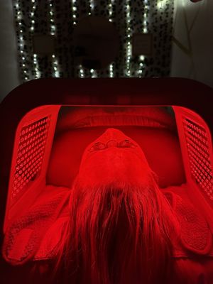 red led light therapy! helps with signs of aging, improves skin appearance, scars, redness, and acne!