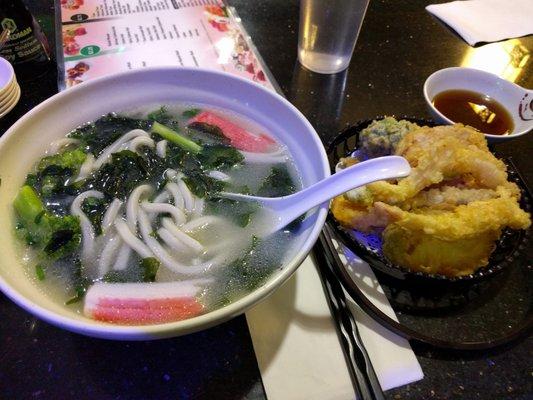 Tempura hot and crunchy.   Dipping sauce top notch.   Udon hits the spot.   Don't forget to order without seaweed if it's not your thing.