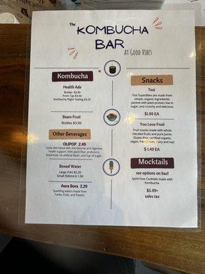 Kombucha menu