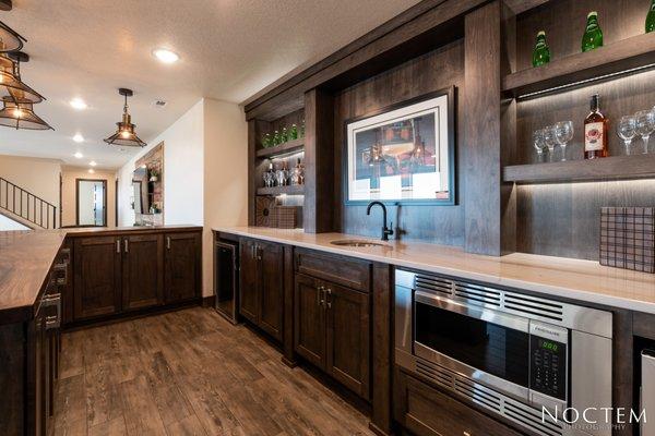 Bar shelves, granite countertops