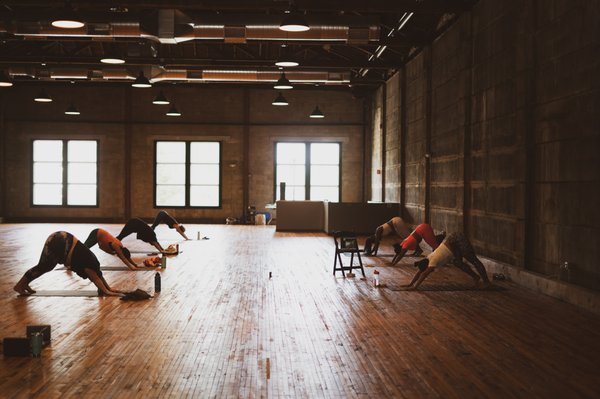 Yoga at Olio modern event space in Peabody, north of Boston Massachusetts