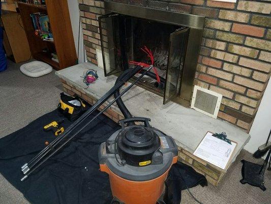 Spin brush technique to clean the chimney firebox and flue to a higher standard then traditional scrubbing.