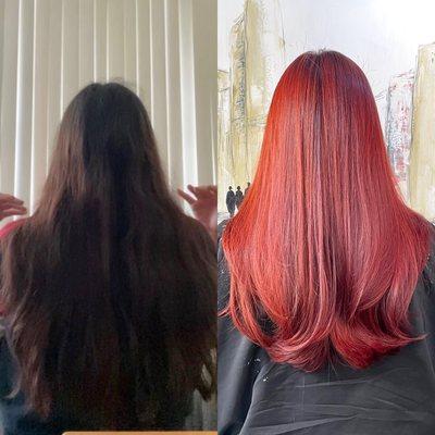 From brunette to red and a great cut to go along with it.