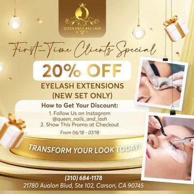 FIRST-TIME CLIENT  SPECIAL 

 Queen Nails And Lash is thrilled to offer a special deal just for our New Customers: