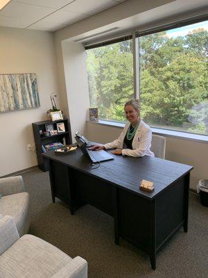 Meno-Start's founder Dr. Shannon Cothran at her desk in McLean, VA.