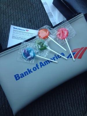 The nice manager gave me a new small business banking bag, with a pen and 4 lollipops inside!