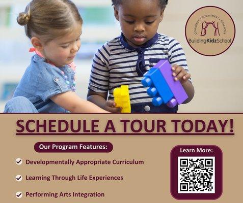 Schedule a tour for infant care, toddler care, preschool, and pre-k. childcare