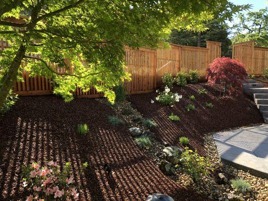 Open redwood fence background to hillside garden