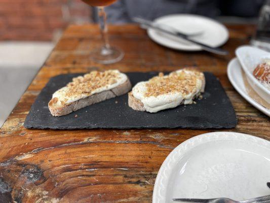 Truffled honey bruschetta. Mild. Could be for breakfast. Should have been daring and had the bone marrow option.