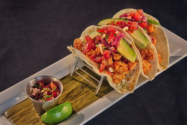 SHRIMP TACOS Warm Flour Tortillas with Pico de Gallo & Chipotle Sour Cream