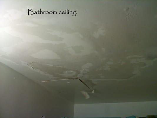 Bathroom ceiling the second of 3 times it leaked. 3rd time they scraped off some paint and painted the wet walls.