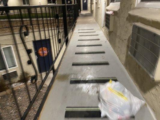 The hallways are always littered with trash that management doesn't bother to pick up. There's also dog pee on the right in the picture.