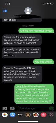 Text messages from May 27th questioning when new sets would be coming. You have to go to the store to get money back btw