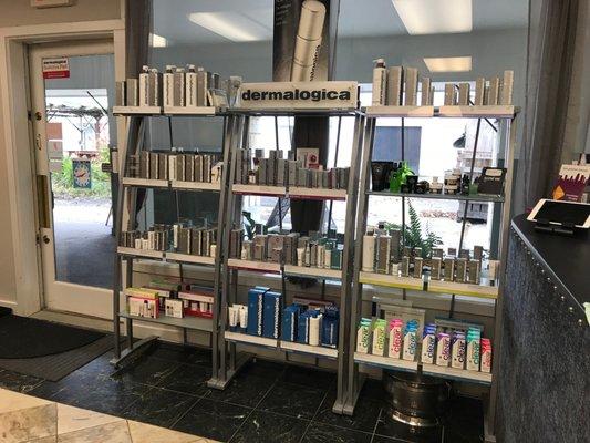 Retail display featuring Dermalogica products. We also carry Viktoria De'Ann cosmeceuticals and Dermodality, as well as many other products!