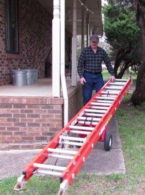 Easily move a heavy ladder around a corner on a narrow walkway without trampling the grass or flowers.