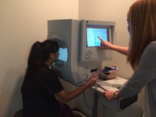 Special testing machines to diagnose and treat medical eye conditions.  Featured is a peripheral vision assessment machine.