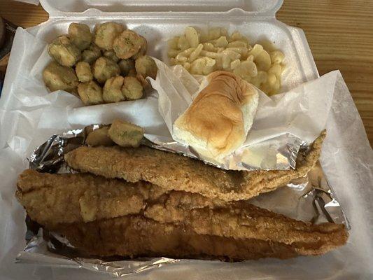 Fried fish with fried okra, Mac-n-cheese, roll.