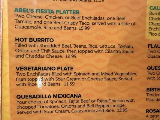 Menu - it's the Hot Burrito - a must try!