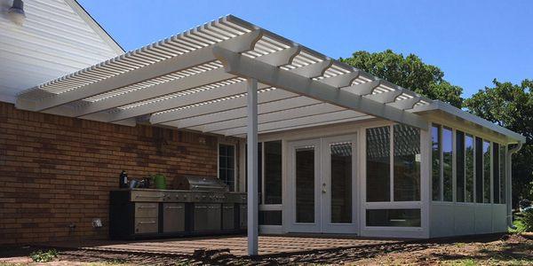 White pergola with All seasons Sunroom! Nope, not wood! It's completely maintenance free! No staining, no painting, no replacing!