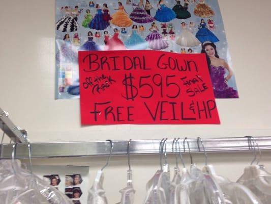 Every gown that in the store, starting from $595 and up get $100. The mother of the bride, the groom mother, amazing deals.