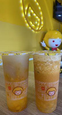 Refreshing mango lemon slushy and passion fruit tea.