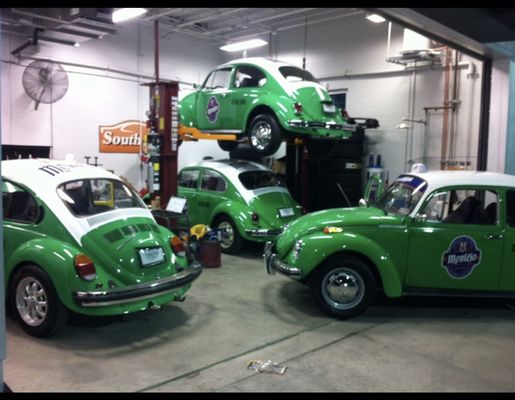 A collection of vintage green Beetles at Southpoint Automotive evokes nostalgia and craftsmanship of a bygone era.