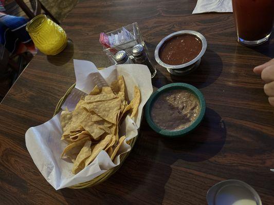 Chips Bean Dip and salsa