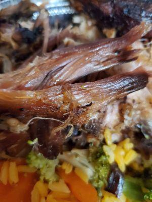 Roast pork steamed vegetables and yellow rice