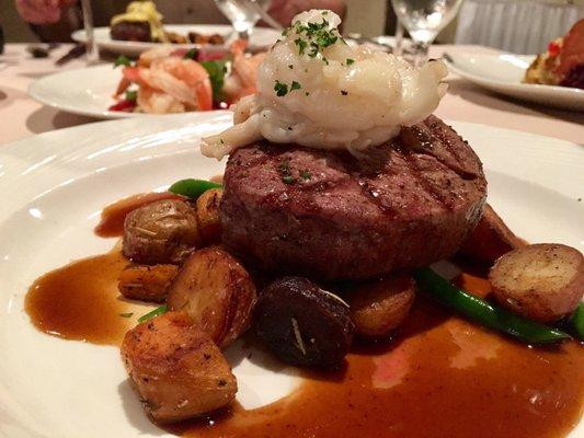 Surf and turf. 7 oz filet, half lobster tail, herbed potato hash, French beans, béarnaise sauce, smoked bacon jus.