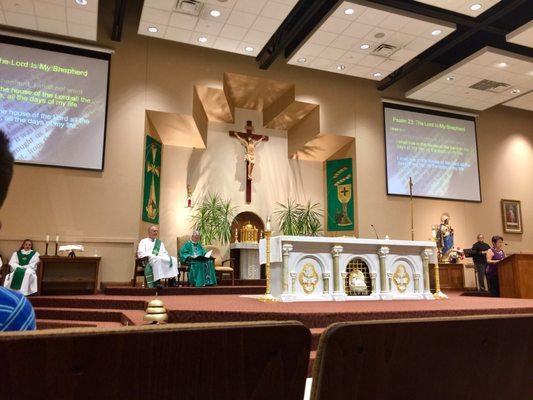 Nice interior, great lighting and screens to follow mass and music lyrics can be seen everywhere!