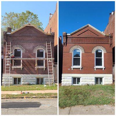 Full grind and repoint to front of historic St. Louis home with acid wash for a beautiful finish!