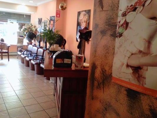 View of blow drying and reception area at Julia's Hair Salon