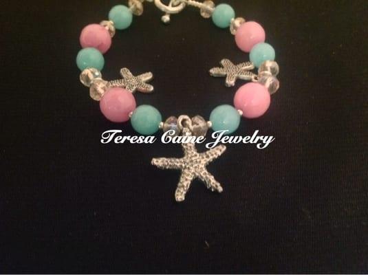 Palest Pink and Sky Blue Agate Bracelet with Starfish Charms