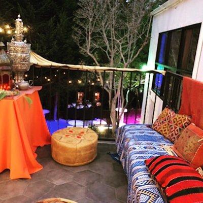 Moroccan tea station, Samovar and Tea cups Bedouin style with Kilim Throw wedding Blanket, poufs, pillows 424.542.4200