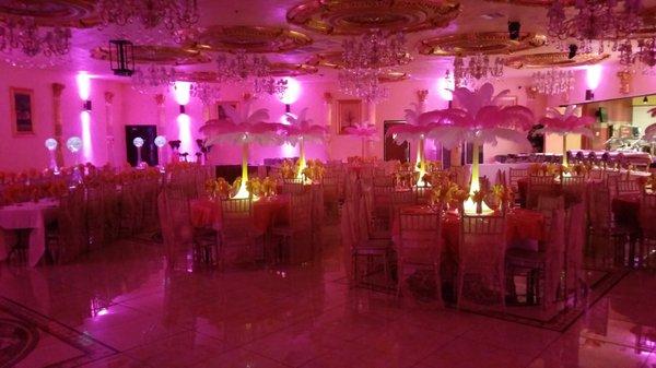 Sweet 16 birthday party  Hot pink and white ostrich feathers, Rentals by, Designer Centerpieces