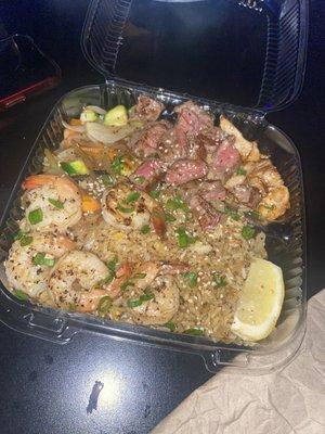 Steak, shrimp, rice, veggies