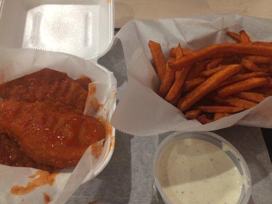 4 Buffalo strips combo with sweet potato fries