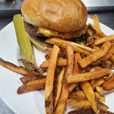 Cheeseburger and fresh cut fries