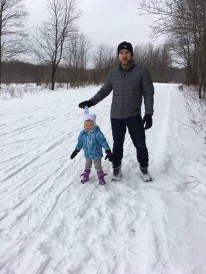 Stella and I hiking along the groomed ski trail