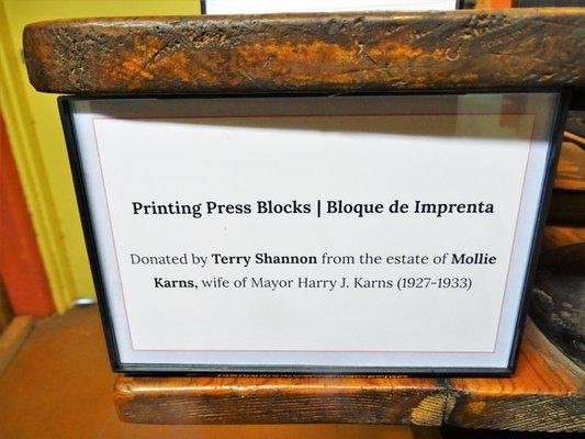 Printing Press Block - Donated by Terry Shannon from the estate of his grandmother Mollie Karns