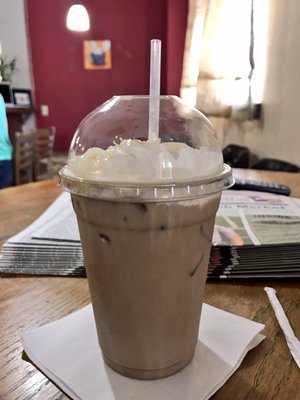 Sample photo of white chocolate mocha iced latte. Can add chocolate syrup onto it as well. This cup is 16 oz and cost $4.