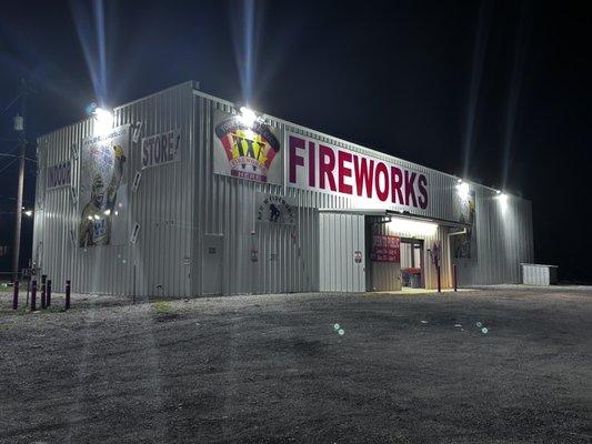 Night time photo of Mr. W Fireworks Store