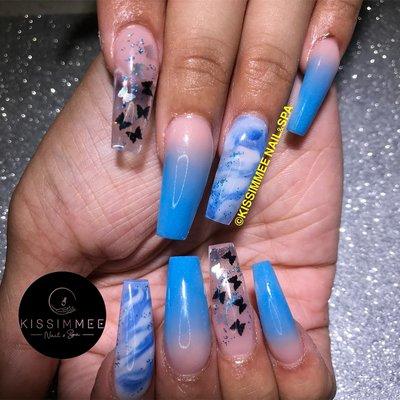 Coffin shaped, acrylic nails, ombré, butterfly, clear, marble.