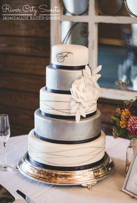 Silver and white wedding cake