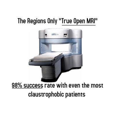 The regions only "True Open MRI" with a 98% success rate with even the most claustrophobic patients.