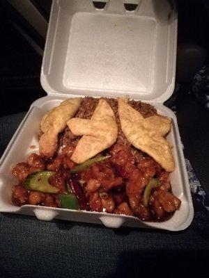 General tso dinner with crab Rangoon.