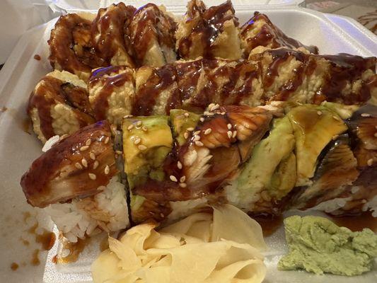 Eel lover roll, banzai roll, fat ass roll