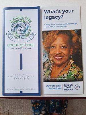 This is the brochure for Aarolyn's House of Hope and the Gift of Life brochure to encourage people to check their  and become organ donors